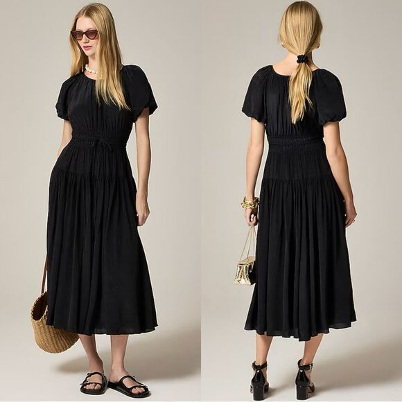 NWT J CREW Elena puff-sleeve dress in crepe de chine in black - Picture 1 of 8